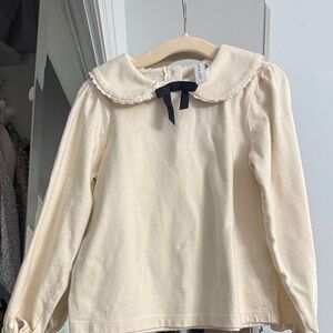 Jane and Jack Cream Long Sleeve Kids Top with Peter Pan Collar with black bow